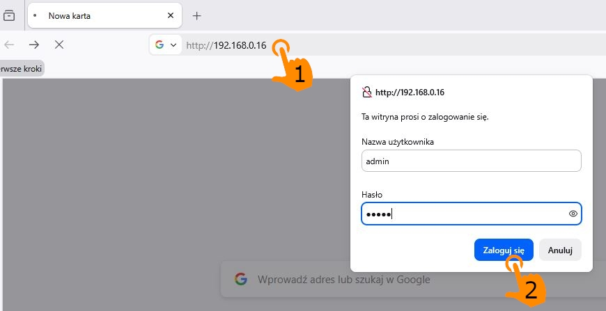 Okno logowania do panelu administratora telefonu