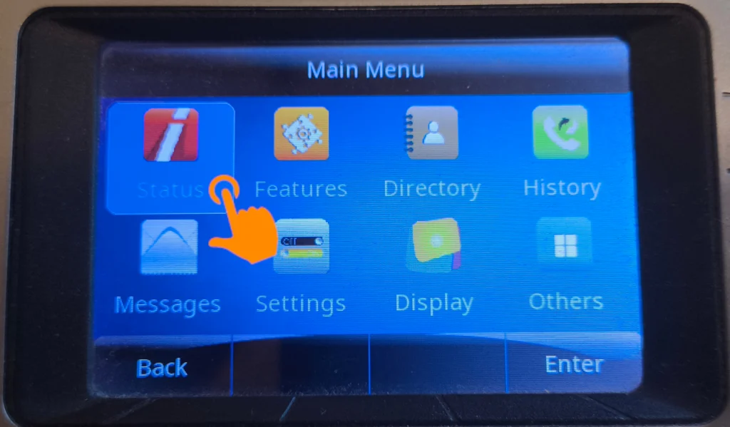 Menu główne telefonu VoIP z ikoną Status