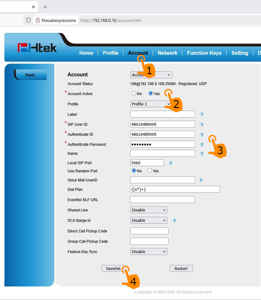 Adres serwera sip.actio.pl w polach SIP Server