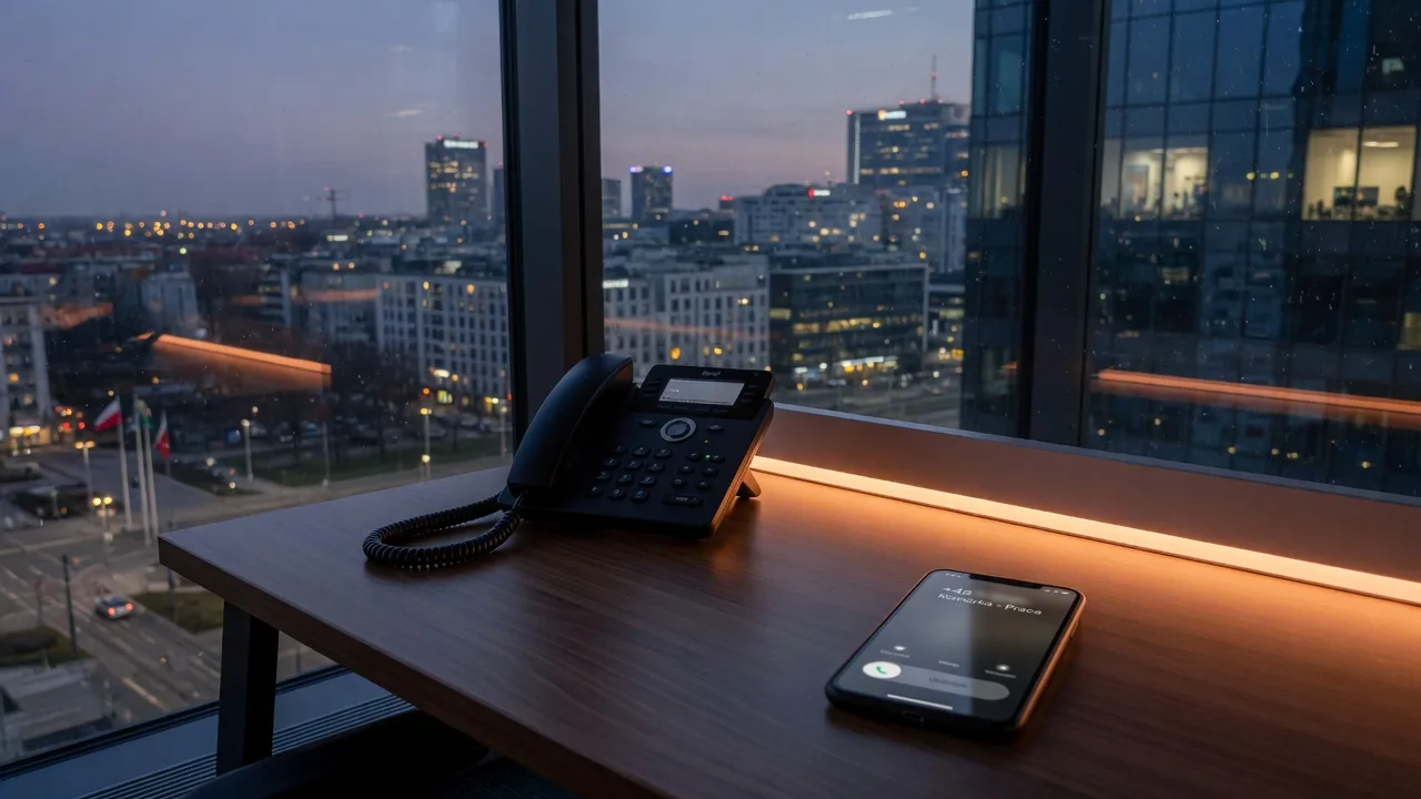 Polski numer komórkowy +48 na biurku obok telefonu IP – CLI, które klienci chcą odbierać